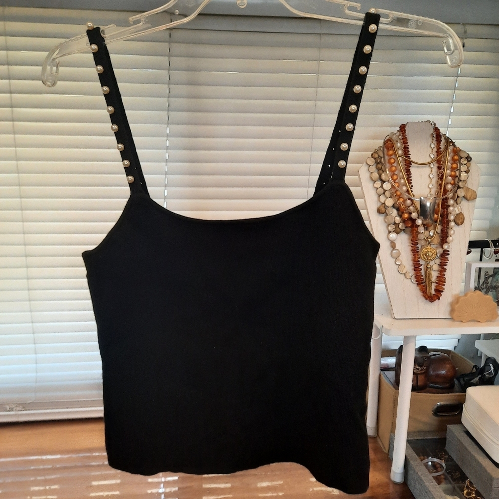 INC Top Embellished with Pearl Beads Large Black